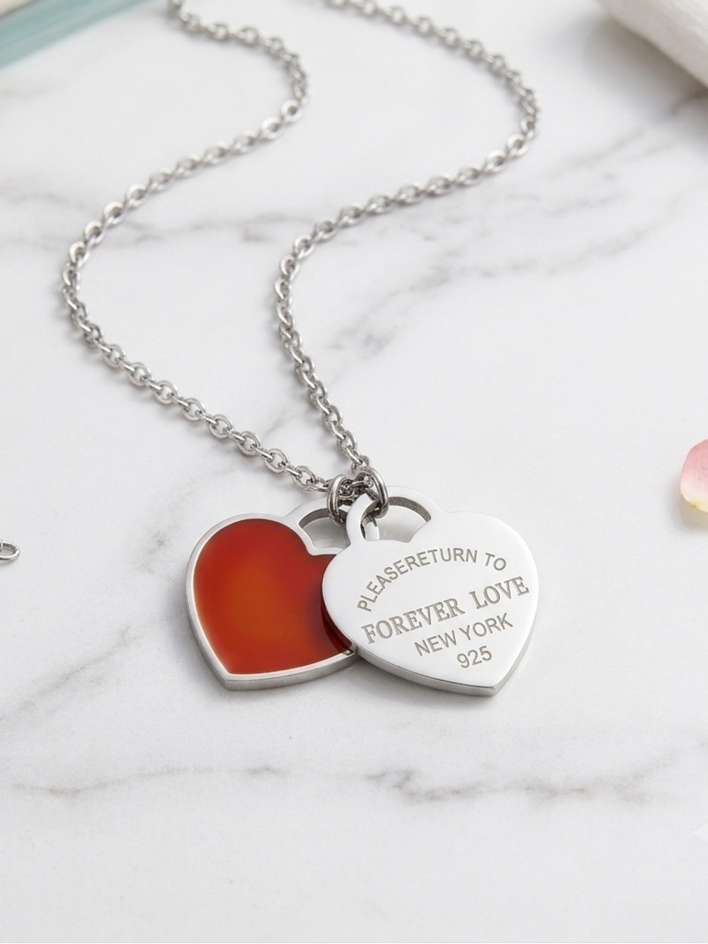 Forever Love Red Heart Pendant Necklace - Sterling Silver Tone